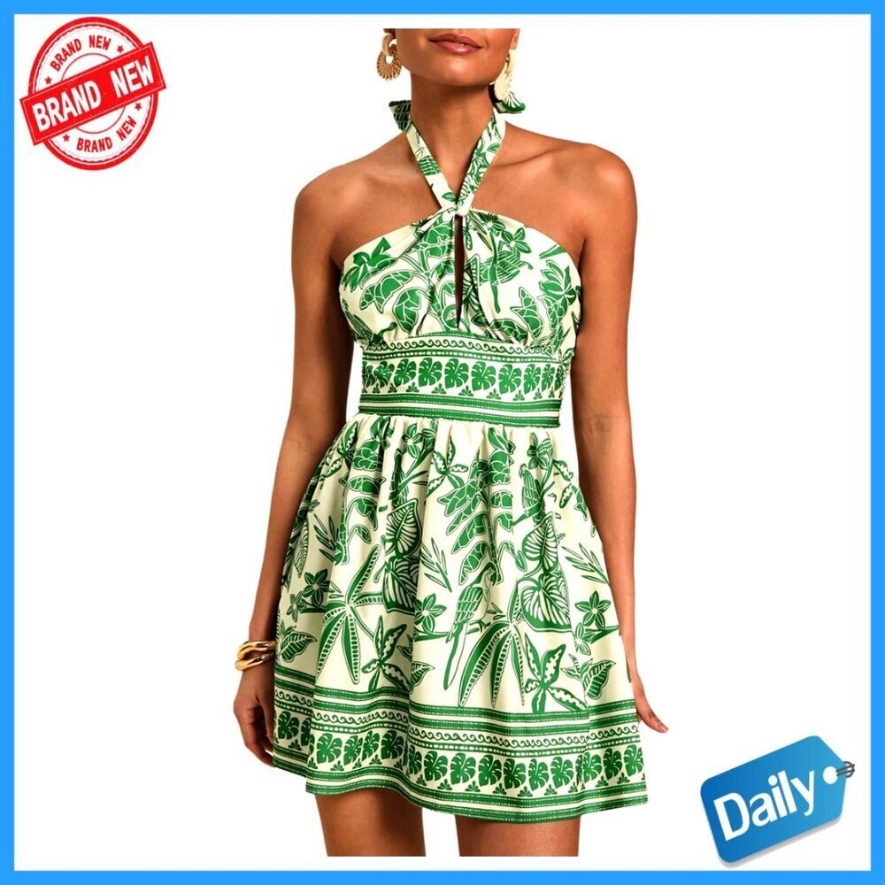 Halter Backless Sundress A-Line Sleeveless Summer Casual Vacation Dress